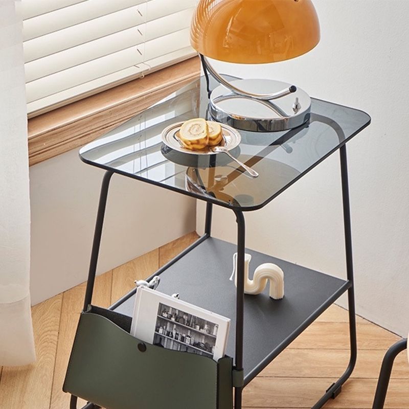 Metal Sled End Table Glass Top Side Sofa Side Accent Table with Shelf