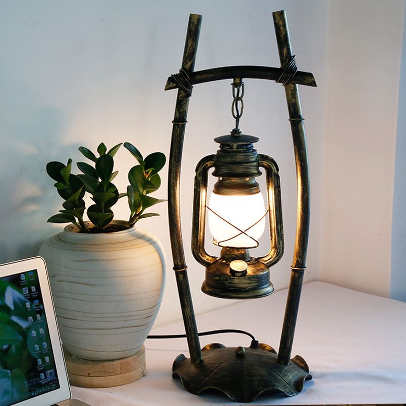 Antiqued Brass Single Night Lamp Farmhouse Opal Glass Kerosene Table Light with Frame and Ruffled Base