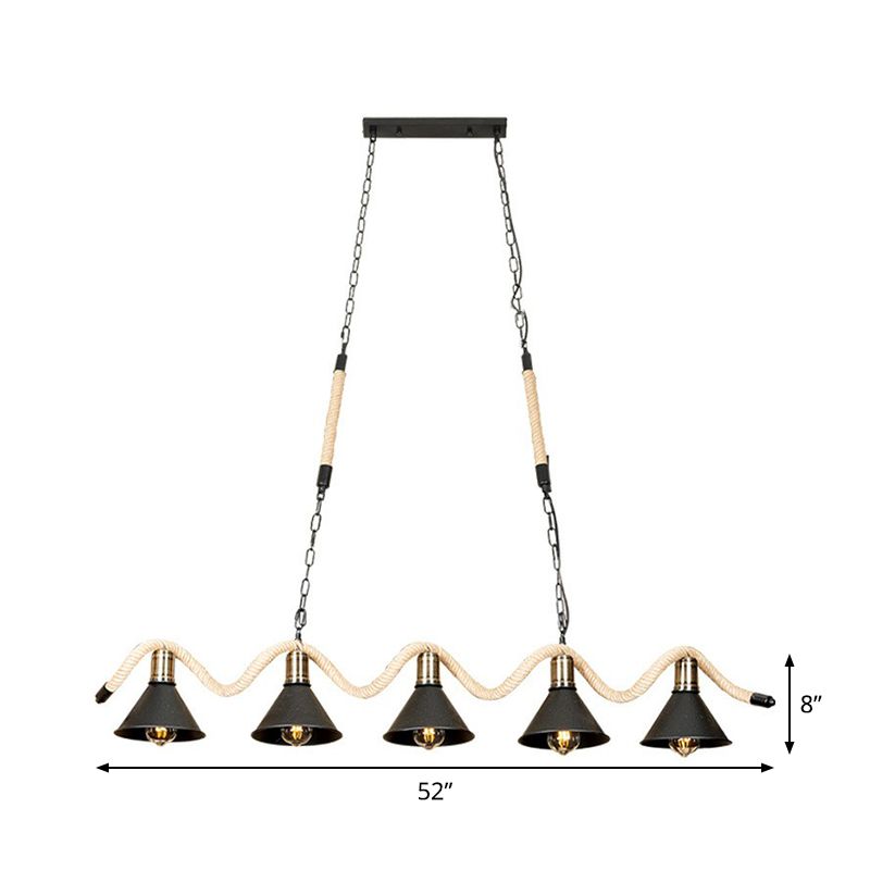 Black 5 Lights Island Pendant Warehouse Culla corda lampada a soffitto ondulata con tonalità in metallo conico
