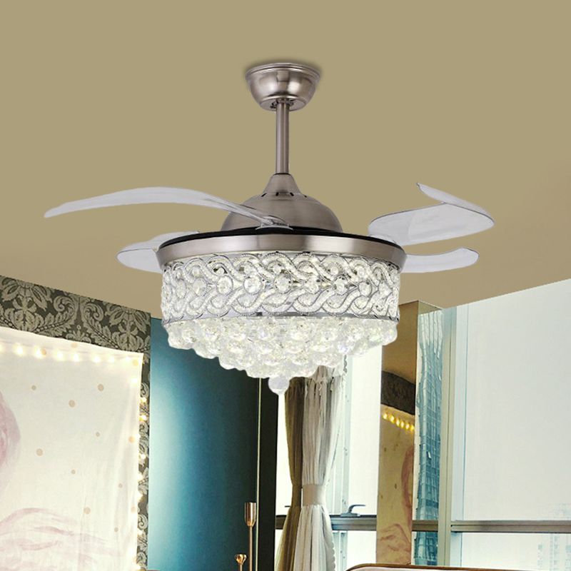 4-Blade-LED-Salon-Anhänger-Lüfterlampe moderne Gold/Silber-Halbblüte mit runden geschnittenem Kristallschatten, 19 "W.