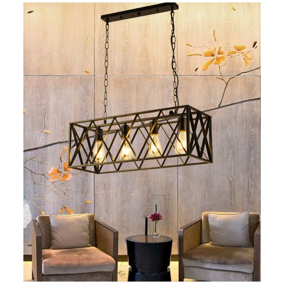 4 luci di stile industriale Isola rettangolare Luce nera in ferro battuto Cage sospesa per bar ristorante
