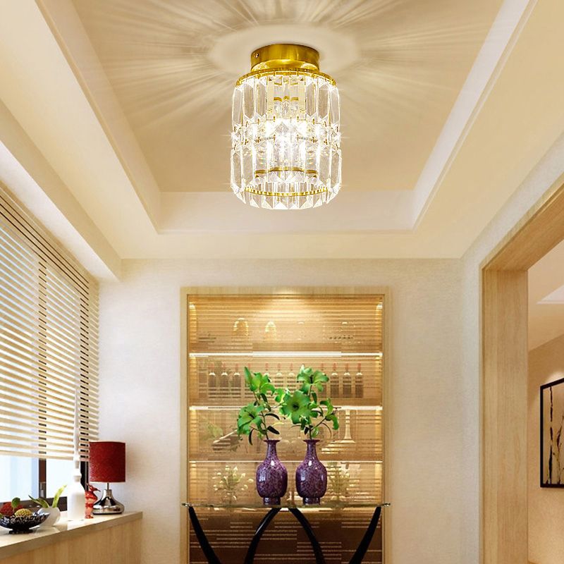 Clear Crystal Cilinder Plafond Licht Eenvoudige Stijl Enkele Messing Afwerking Semi Mount Verlichting voor Keuken