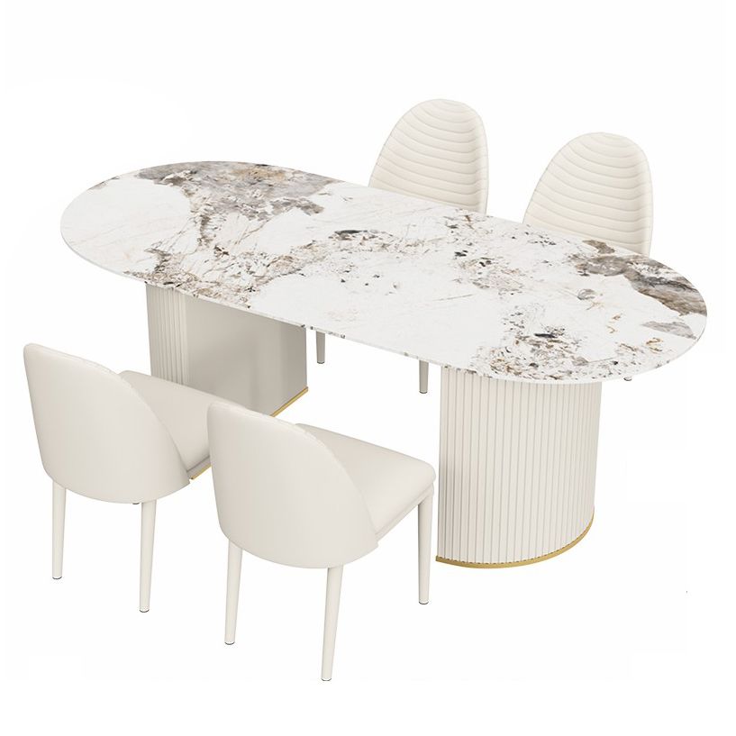Traditional Luxury Oval Dining Table Sintered Stone Table with White Double Pedestal for Dining Room