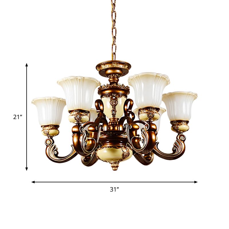 Curvy Arm Living Room Suspension Lighting Antiqued Metallic 6/8 Heads Brown Pendant Chandelier
