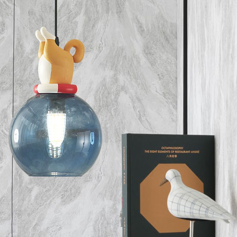 Blue Cartoon Dog/Duck/Fox Hanging Light Kids Single Bulb Resin Ceiling Pendant Light for Bedroom