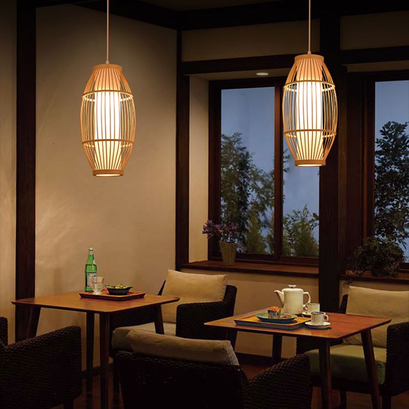 Beige Bamboo Hanging Light Fixture Asian 1-Light Suspension Pendant Light for Restaurant