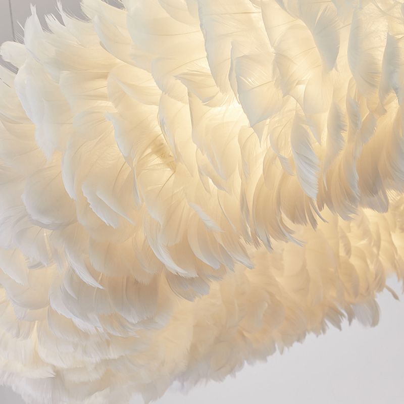 White Doughnut Shape Feather Chandelier Light Modern Style Hanging Pendant Lamp for Bedroom
