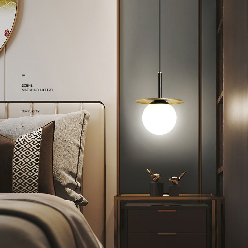 7" Wide White Glass Globe Mini Hanging Light with Round Metal Sheet Decoration Post-modern Style Simplicity Lighting Pendant in Gold