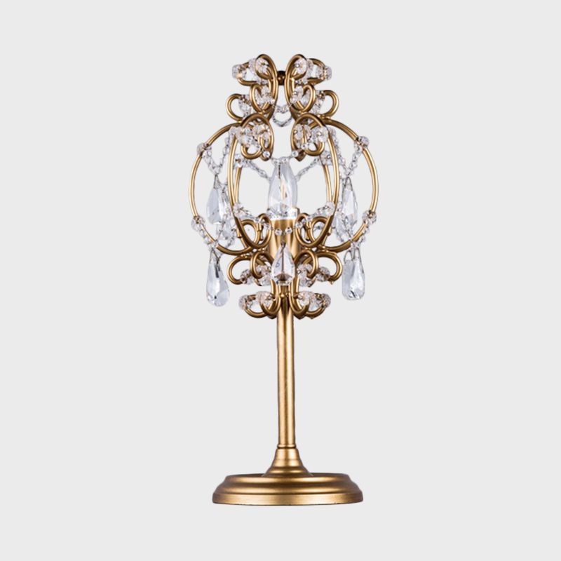 Lámpara de mesa de linterna de estilo retro de metal de 1 luz iluminación de mesita de noche en blanco/oro con gotas de cristal transparentes