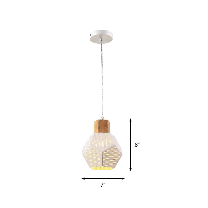 1 Light Bedroom Hanging Light Kit Modern White Finish Drop Pednant Lamp with Hollow-Out Polyhedron Metal Shade
