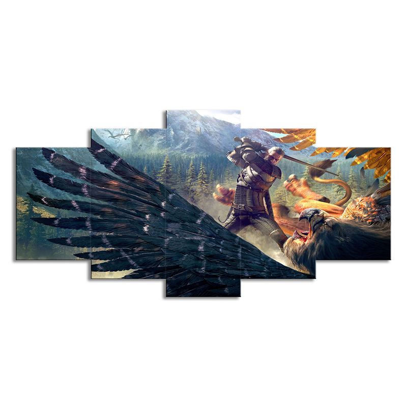 Dark Blue Kids Wall Art Digital Print Witcher Fight Against Eagle Game Scene Canvas for Room