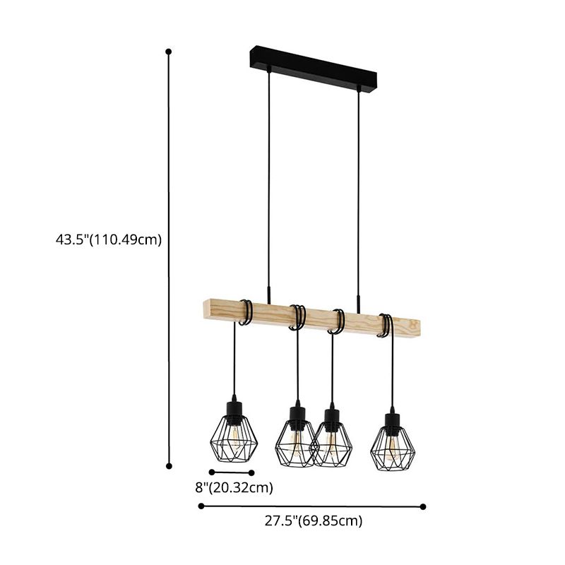 Black Iron Cage Shade Island Light Retro Industrial Style Wooden Hanging Light for Coffee Shop Bar
