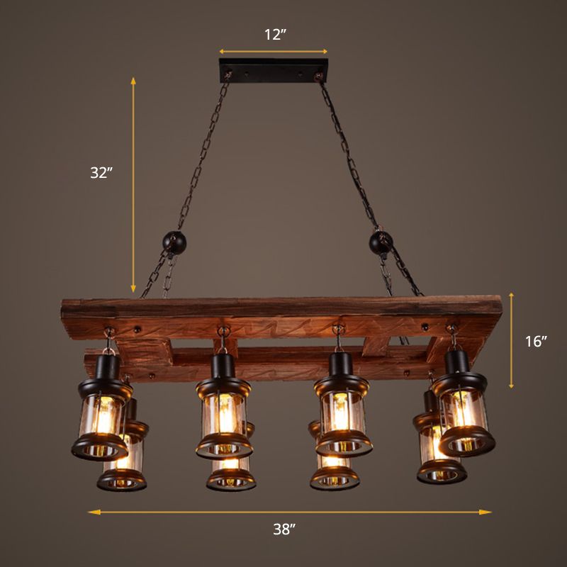 Wood 8-Light Island Ceiling Light Farmhouse Clear Glass Lantern Suspended Lighting Fixture