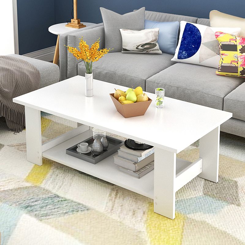 16.53" Tall Rectangle Top Coffee Table Wooden 4 Legs Cocktail Table with Shelf