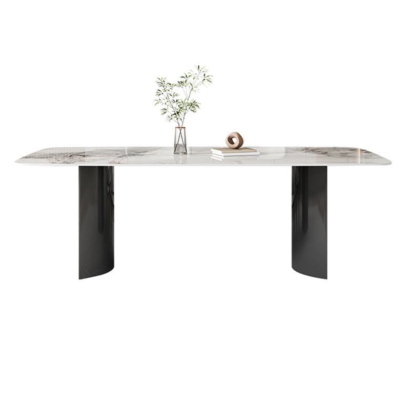 Contemporary Gray Rectangular Stone Dining Table with Double Pedestal