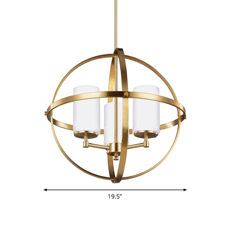 Globe Living Room Pendant Chandelier Traditional Ivory Glass 3/5/9 Lights Brass Hanging Fixture with Cylinder Shade