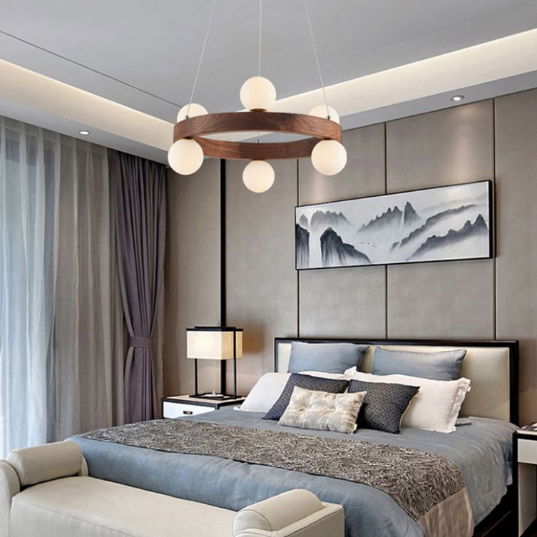 Contemporary Wood Hanging Light Fixtures Rounded Chandelier for Dining Room