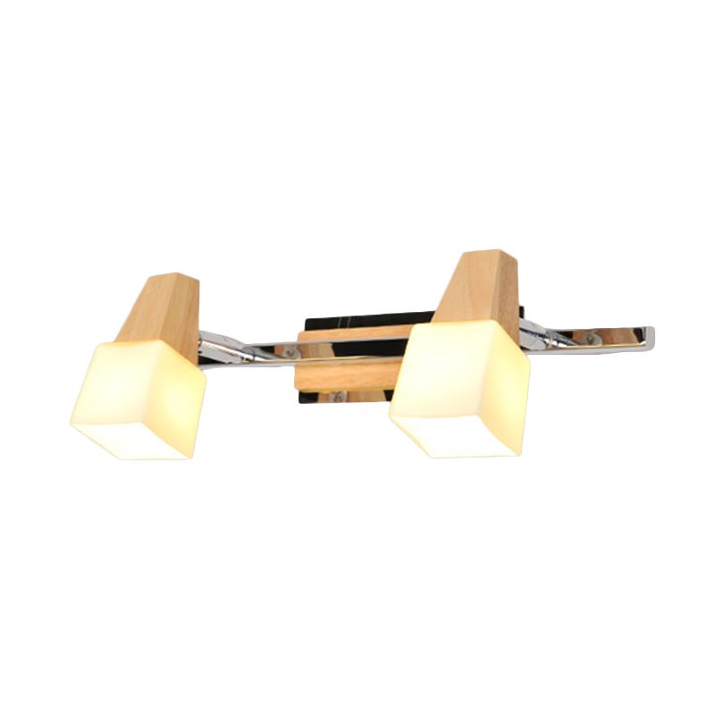 Beige Cube Vanity Light Fixture Modernist 2-Light Milk White Glass Wall Mount Lamp with Wood Top