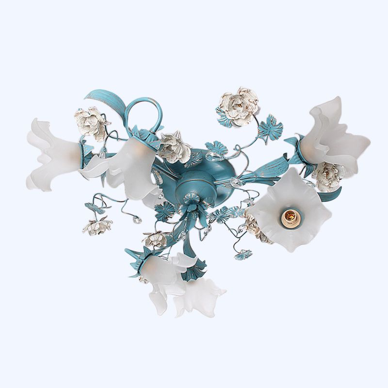 Blue 6/8 Bulbs Semi Flush Ceiling Light Pastoral Style Flower Frost White Glass Ceiling Lamp for Bedroom