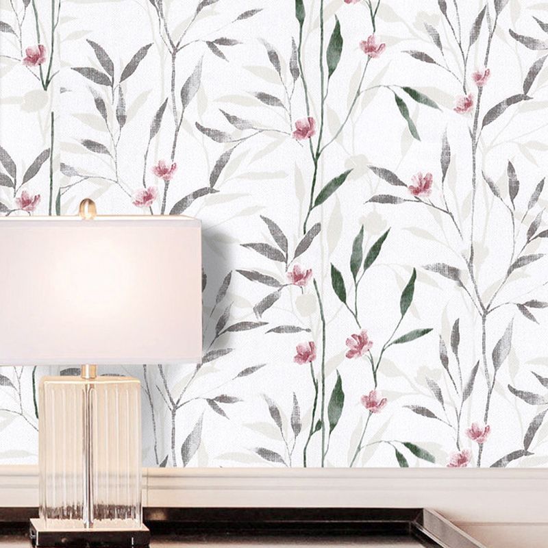 Floral Peel and Stick Wallpaper in Red-Green on White Countryside Wall Art for Living Room, Temporary