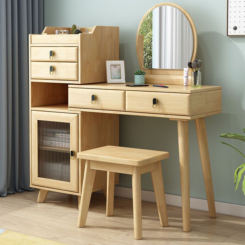Wood Vanity Set with Stool and Mirror 4 Drawers Dresser Modern Style