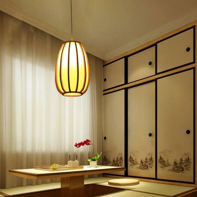 South-east Asia Barrel Ceiling Light Bamboo Single Restaurant Hanging Pendant Light in Wood