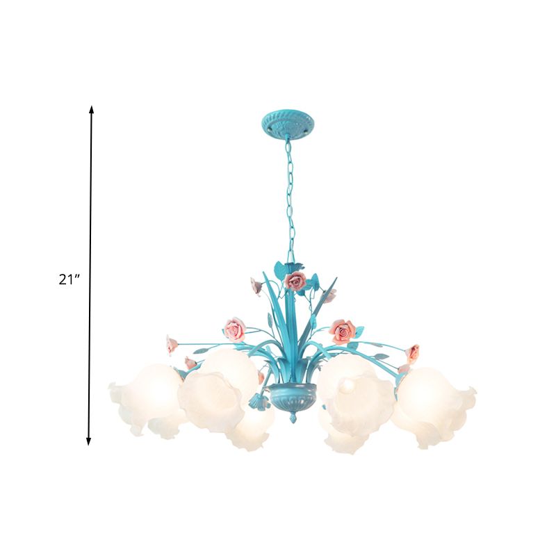 Floral White Glass Kroonluchter lichte platteland 8 bollen woonkamer hanglamp in blauw
