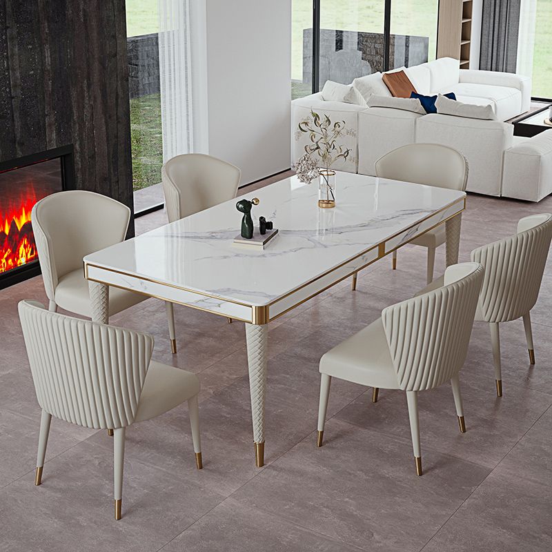 Mesa de comedor medieval moderna de lujo con tapa de piedra sinterizada, mesa rectangular en blanco con 4 patas