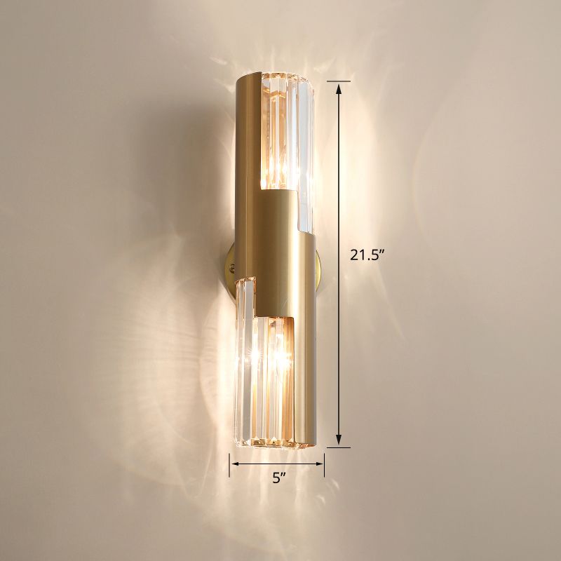 Pole Shaped Living Room Wall Sconce K9 Crystal 2-Bulb Minimalist Wall Mount Lamp in Gold
