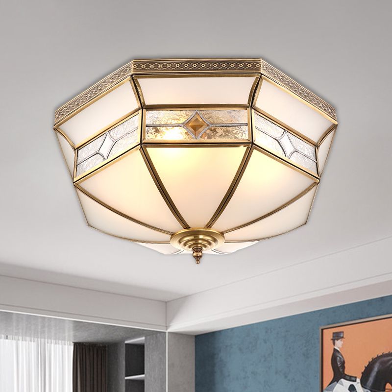 Warehouse Dome Shape Ceiling Flush 3/4-Light 14"/18" W Opaline Glass Flush Mount Lighting in Brass