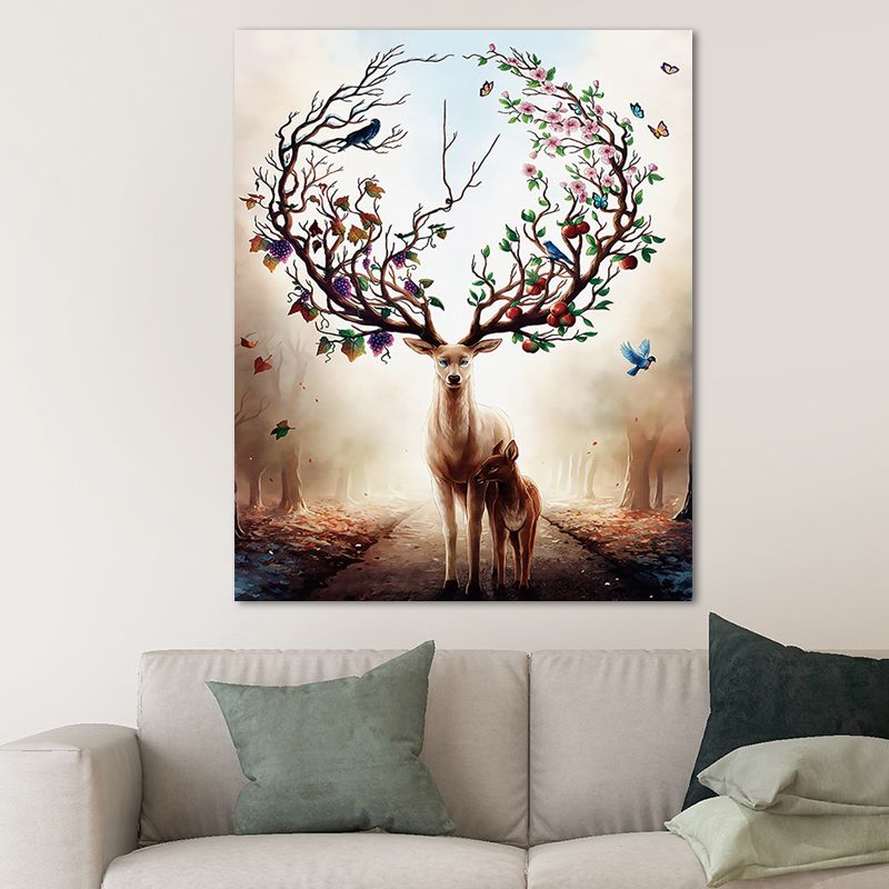 Elk Canvas Print Mediterranean Textured Wall Art Decor in Brown for Children Bedroom