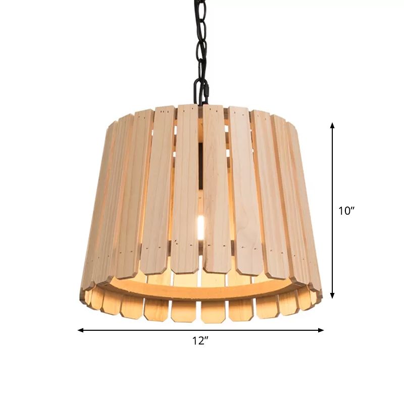 Single Pendant Lamp Rustic Hollowed Barrel Wood Hanging Ceiling Light with Chain over Table