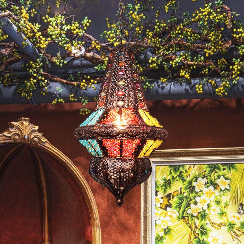 Red/Bronze 1 Light Pendant Lighting Traditional Metal Lantern Hanging Light Fixture for Restaurant