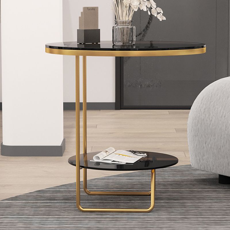 Round Glass & Stone Top Sofa Side Accent Table Frame Shelf Included End Table - Dia 19.69"
