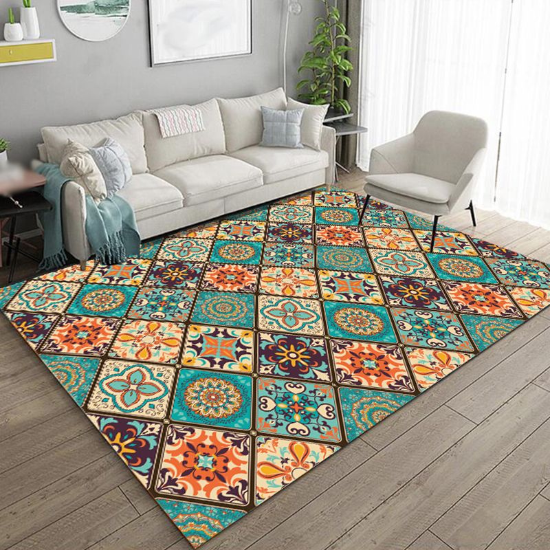 Multicolored Rug Moroccan Medallion Print Carpet Non-Slip Backing Carpet for Living Room