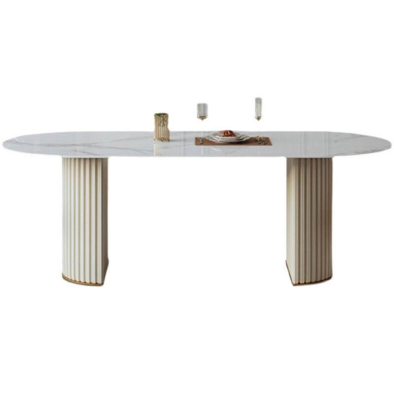 Mesa de comedor ovalada moderna de metal mesa de piedra sinterizada blanca con pedestal doble