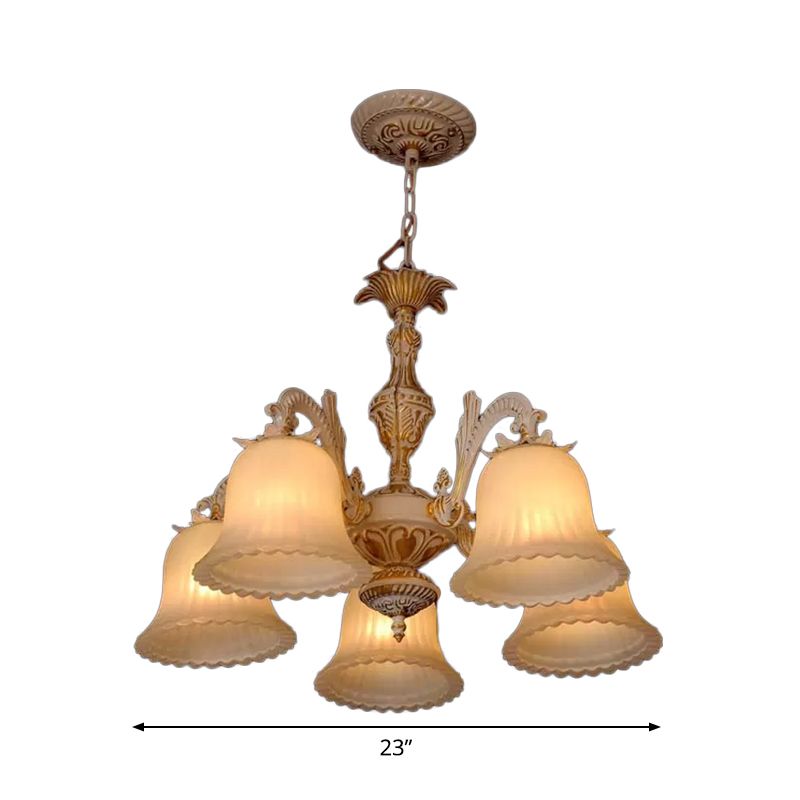 5 Bulbs Ribbed Glass Pendant Light Rustic White Carillon Restaurant Chandelier Light Fixture