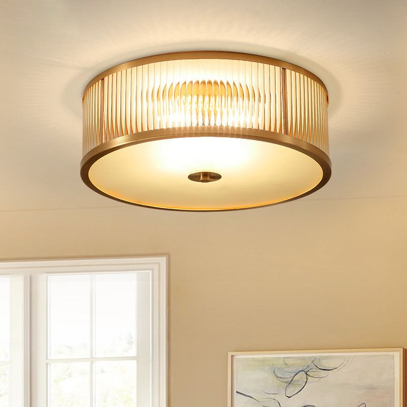 Lampada da soffitto circolare da incasso in vetro rigato Illuminazione coloniale da incasso in oro per camera da letto