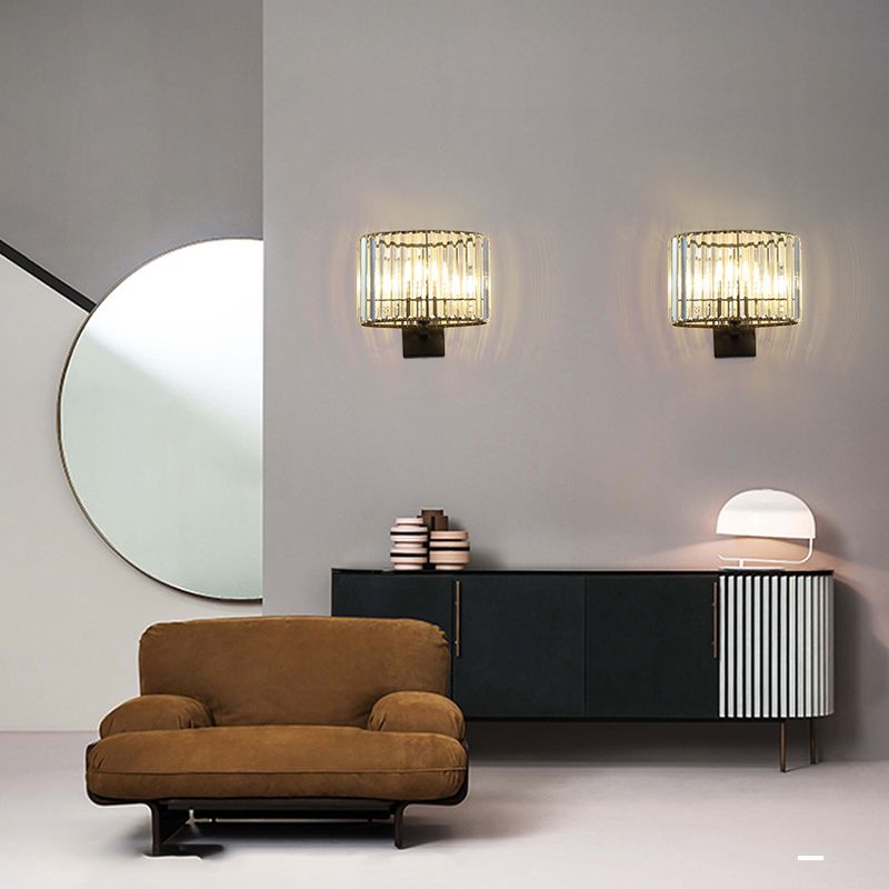 Black Metal Wall Sconce Geometric Shape Wall Light with Crystal Shade for Bedroom