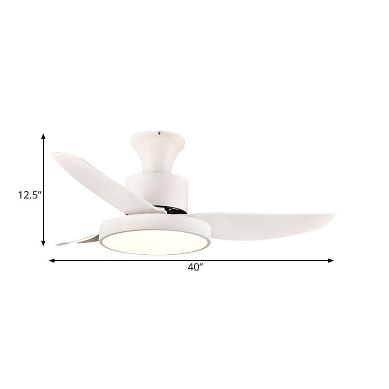 40" Wide White LED Hanging Fan Lighting Contemporary Metal Circle Semi Flush Mount Light Fixture for Bedroom, 3 Blades