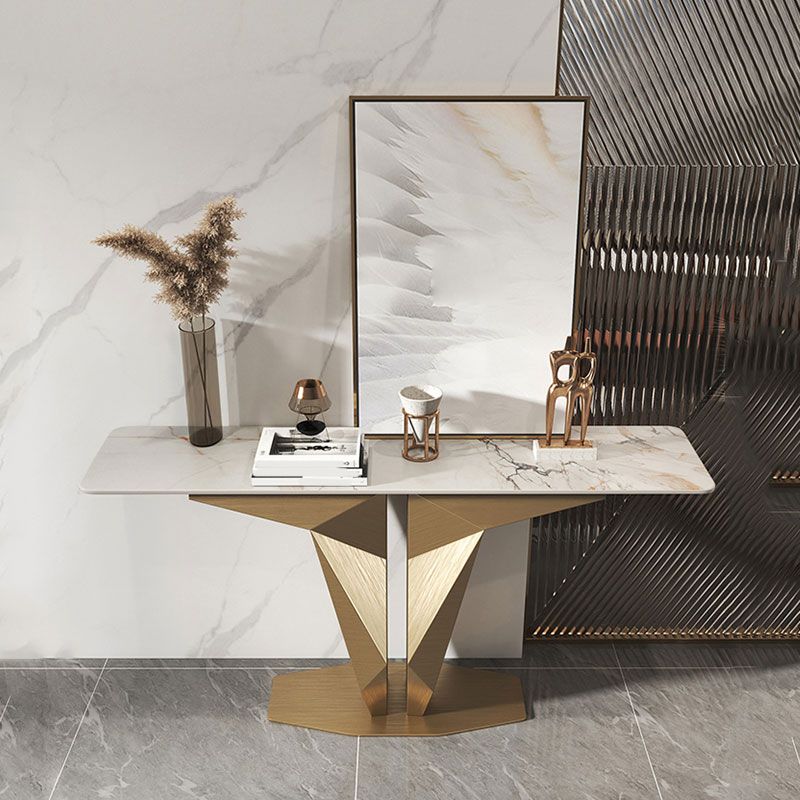 Glam Rectangle Console Accent Table with White Stone Top for Hall