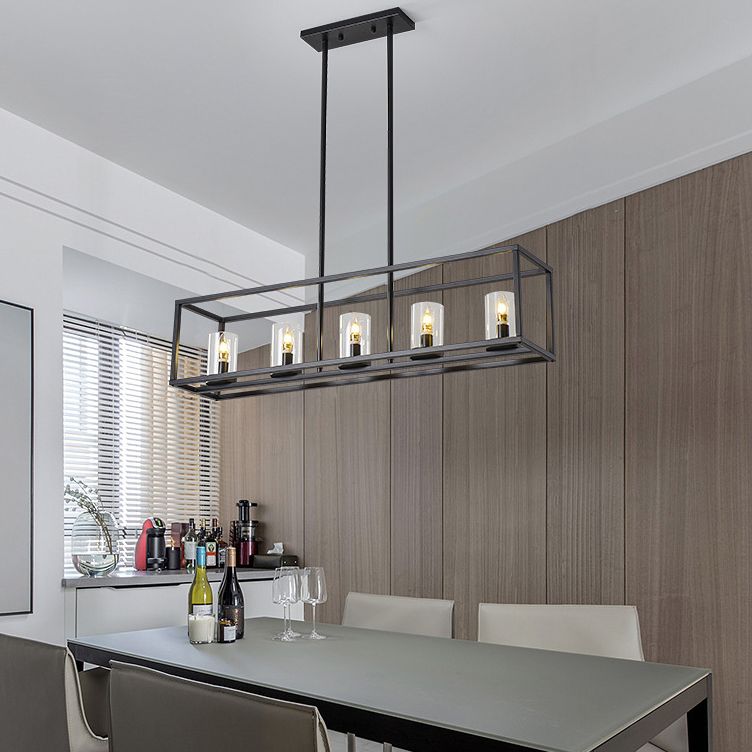 Glass 5 Lights Island Pendant Chandelier Rectangle Industrial Island Light Fixtures for Dining Room