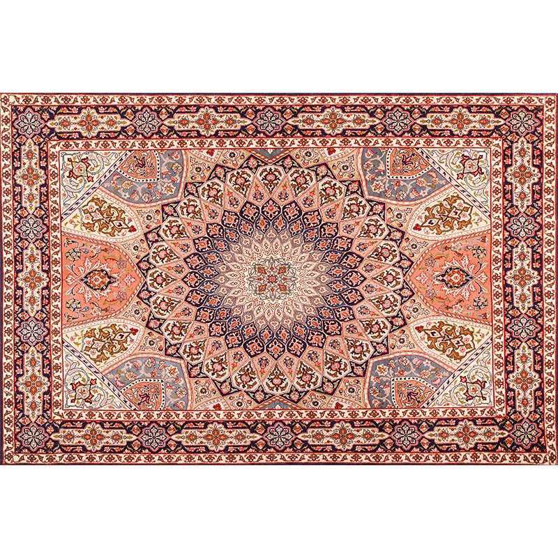Red Tone Ethnic Print Rug Polyester Moroccan Carpet Non-Slip Backing Indoor Rug for Home Decoration