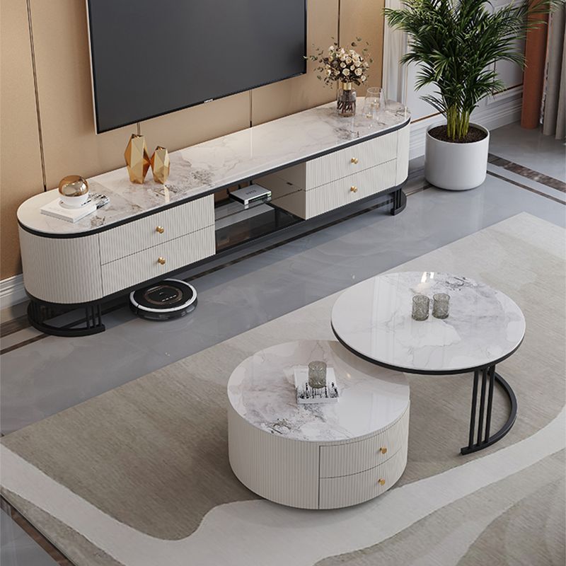 Frame Coffee Cocktail Table with Storage Drawers Round Slate Top