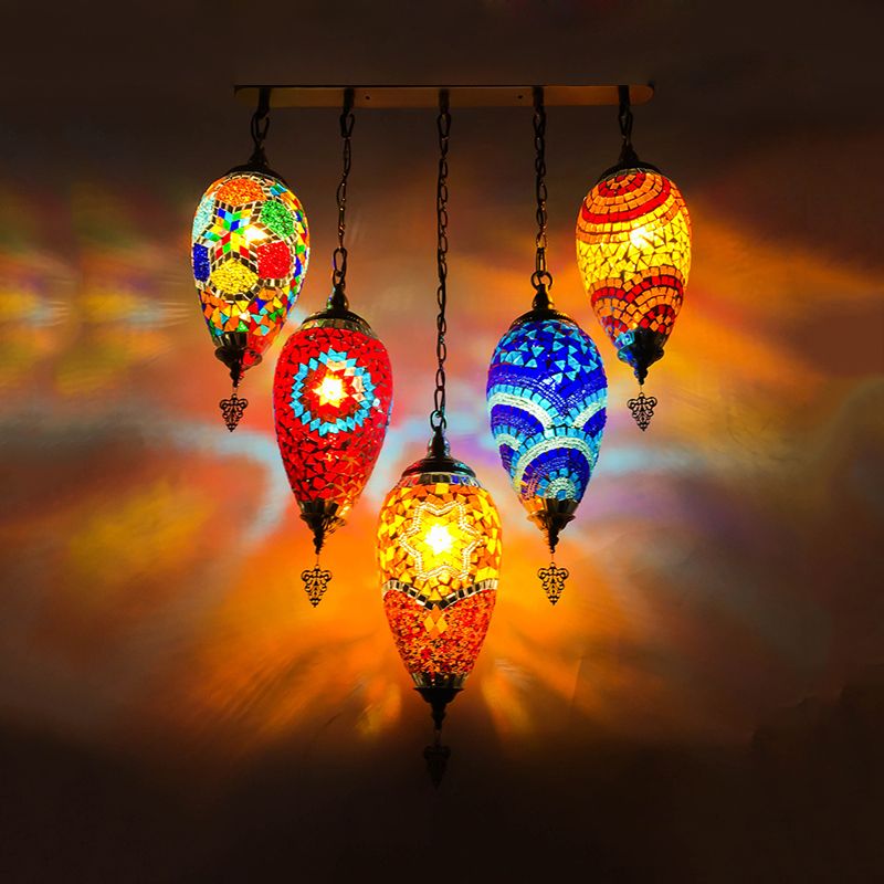 Waterdrop Bedroom Multi Light Pendant Vintage Stained Glass 5 Heads Red/Yellow/Orange Ceiling Lamp