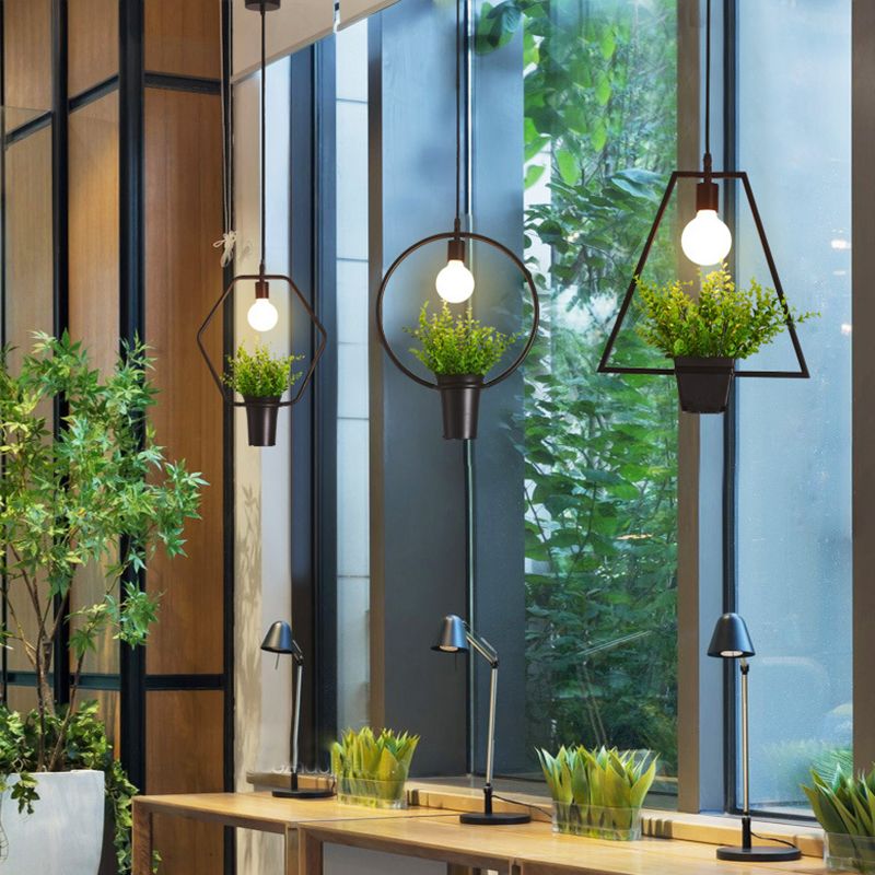 Single Plant Pendant Lighting Fixture Rustic Triangle/Square/Oval Frame Iron Hanging Lamp in Black
