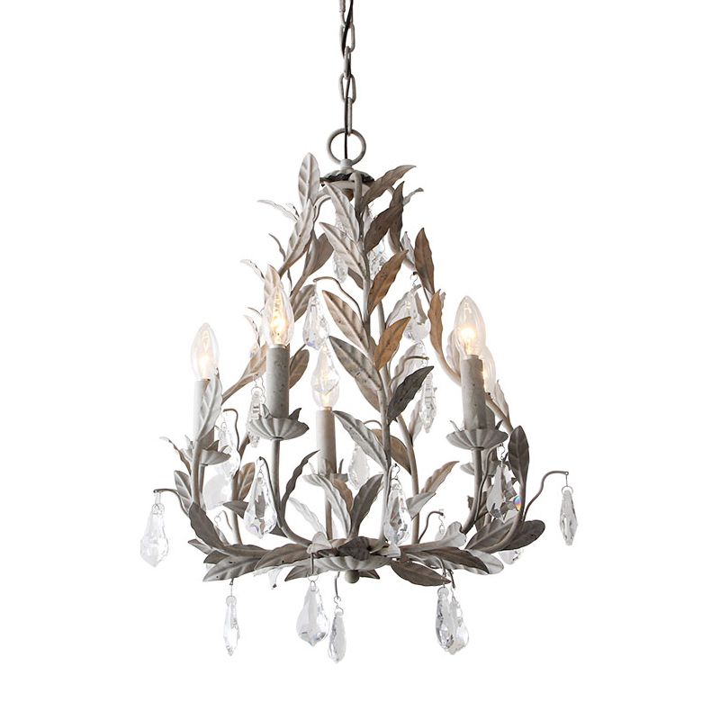 Metal Leaf Chandelier Lamp Modernism 5 Bulbs Grey/Distressed White Suspended Lighting Fixture with Crystal Drop