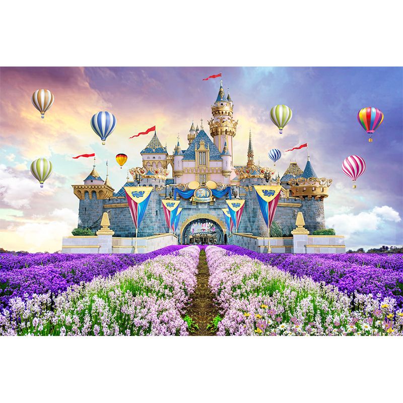 Castle Lavender Field Mural Decal Fantasy Non-Woven Fabric Wall Art in Purple-Blue