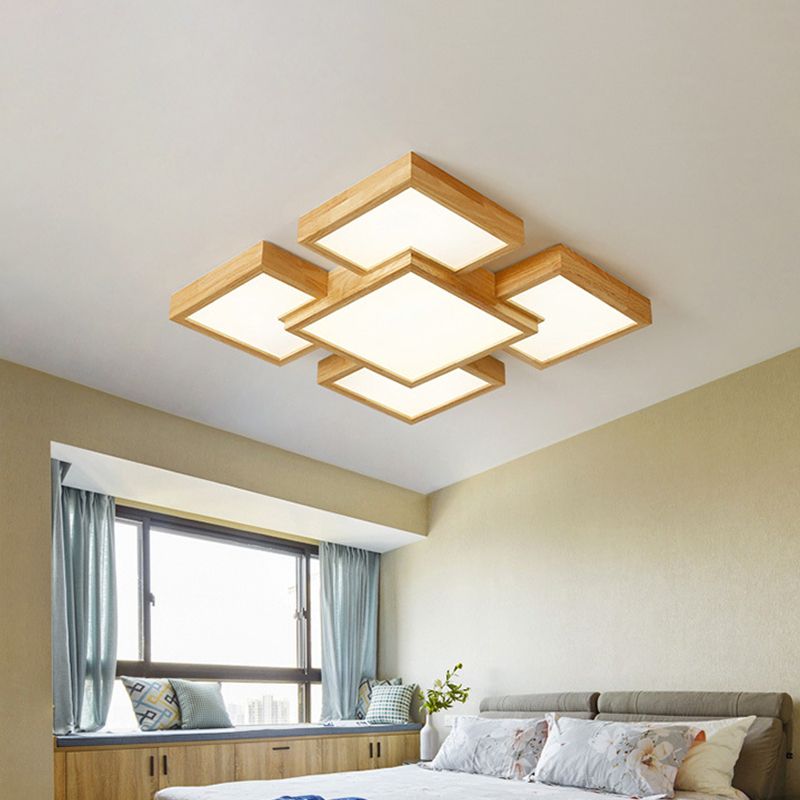 Beige vierkant/rechthoekblokspoellicht modern 22 "/31,5"/42 "brede LED houten plafond gemonteerde lamp