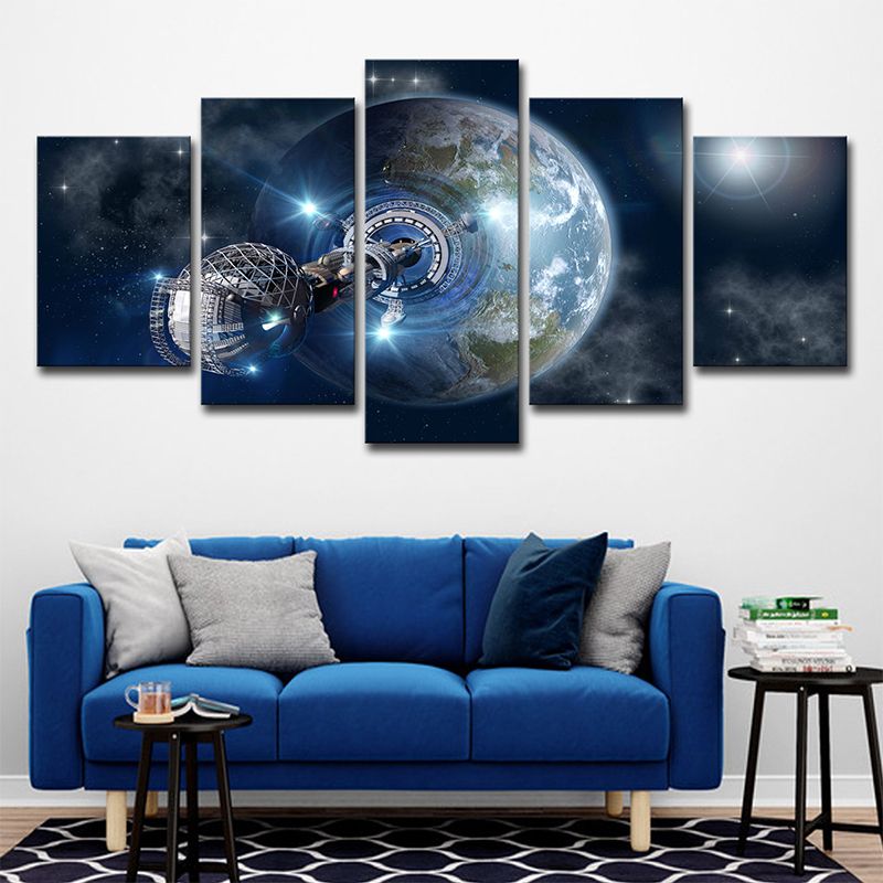 Fictional Earth Space Station Art Print Canvas Multi-Piece Dark Blue Wall Decor for Room